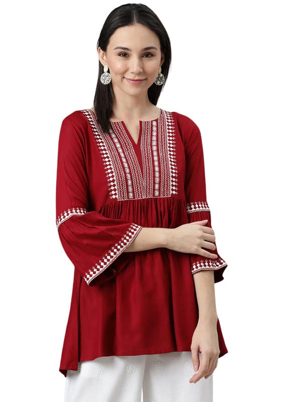 DIGITAL SHOPEE Women's Rayon Solid Embroidery A-line Top - Maroon