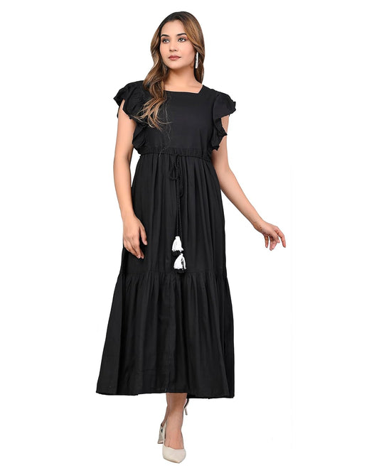 DIGITAL SHOPEE Western Dress for Women Viscose Rayon Solid Long Puff Sleeves Fit & Flared Dress for Women Square Neck One Piece Solid Pack of 1