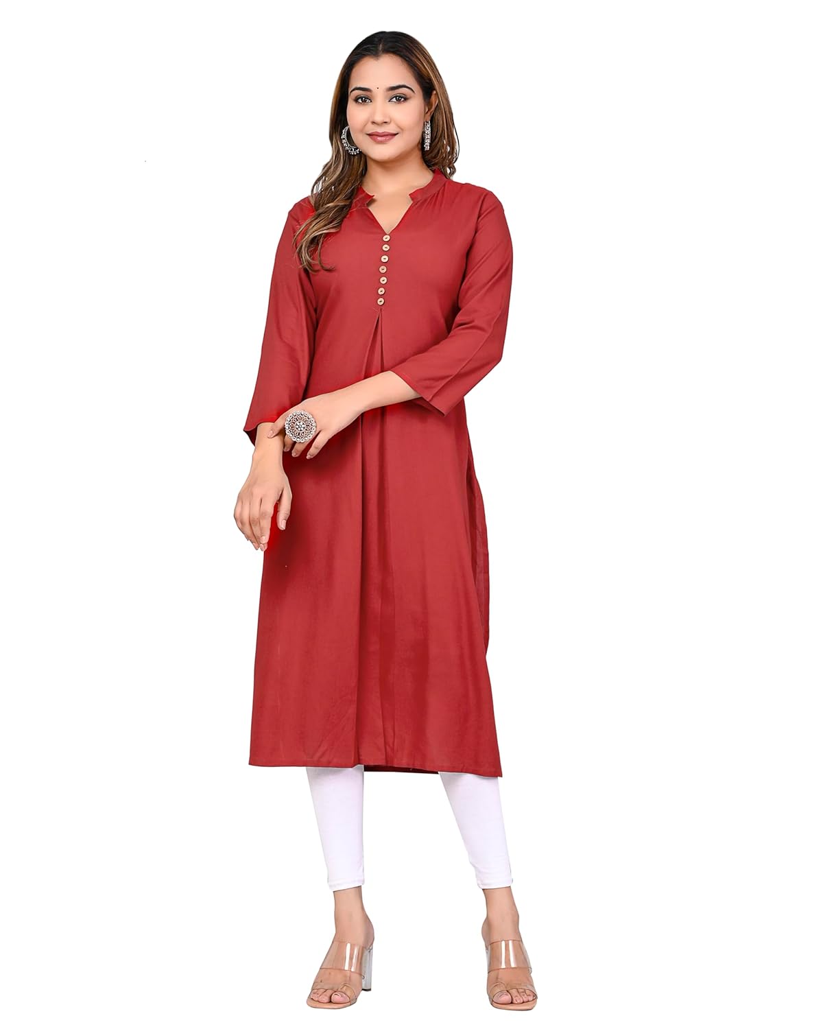 DIGITAL SHOPEE Women's Calf Length Solid V-Collar Neck Tunic Western Dress Red Color