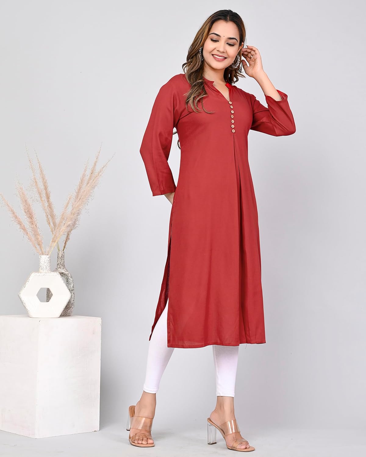 DIGITAL SHOPEE Women's Calf Length Solid V-Collar Neck Tunic Western Dress Red Color