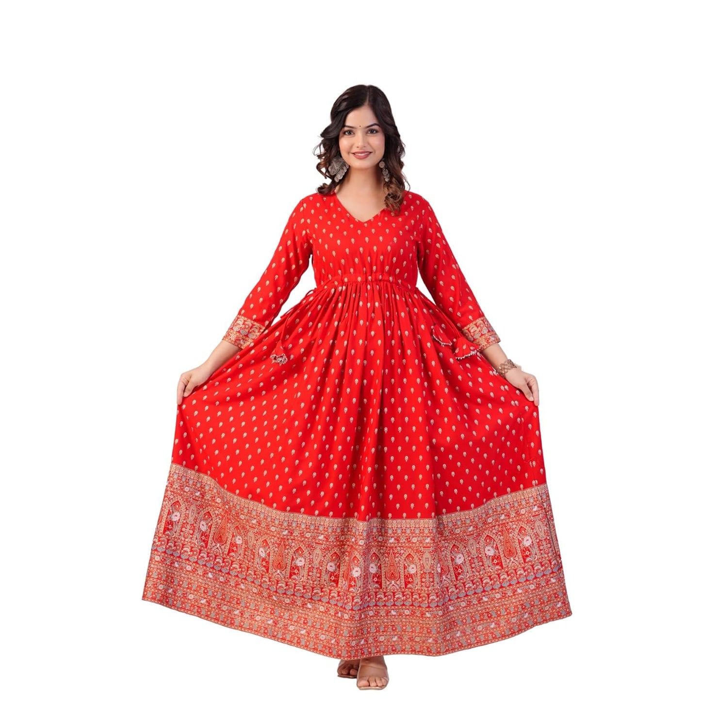 DIGITAL SHOPEE Gold Printed Rayon Ethnic Gown (Red)