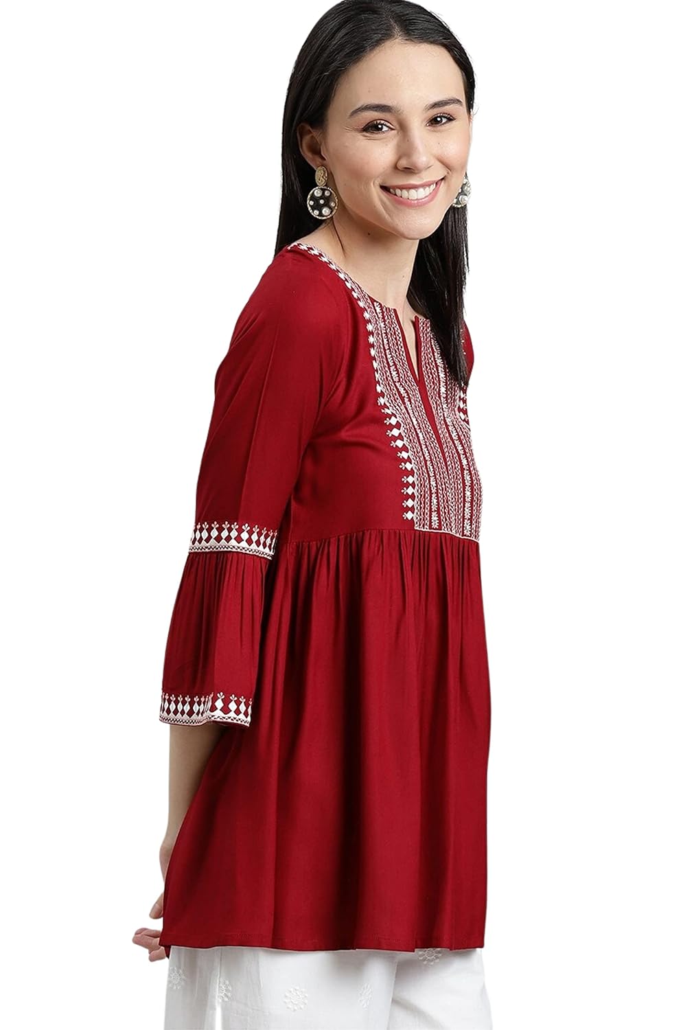 DIGITAL SHOPEE Women's Rayon Solid Embroidery A-line Top - Maroon