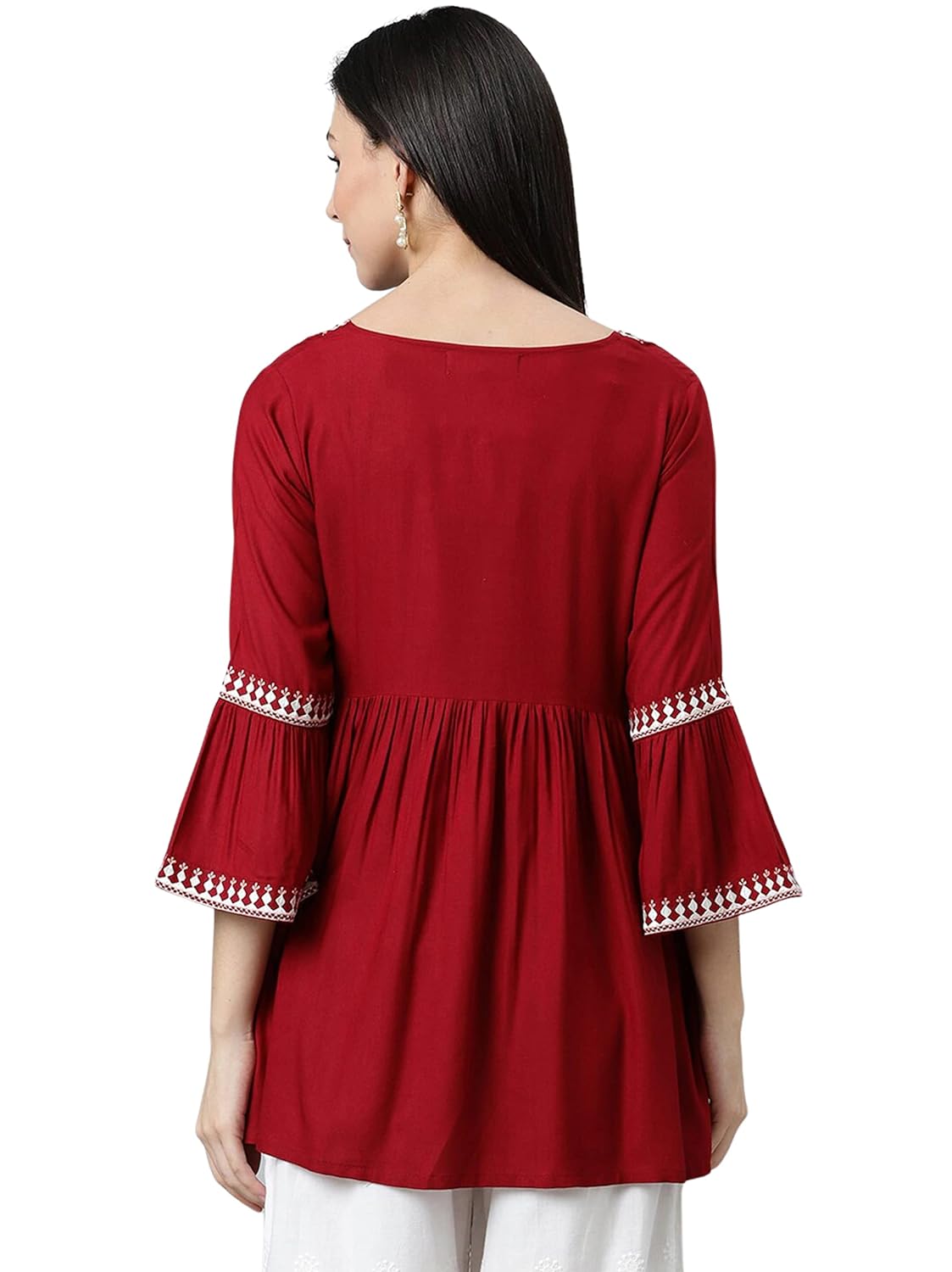 DIGITAL SHOPEE Women's Rayon Solid Embroidery A-line Top - Maroon