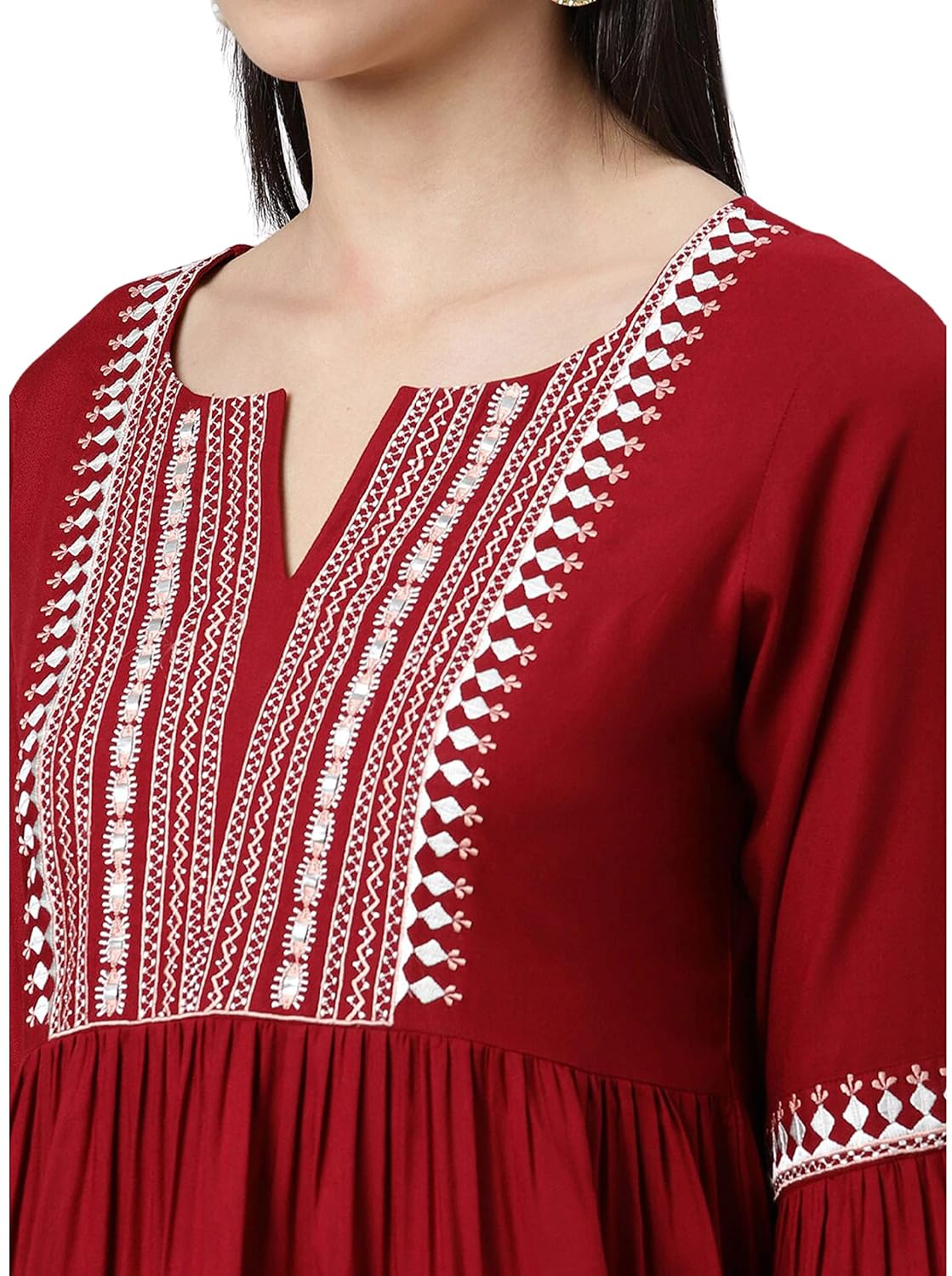 DIGITAL SHOPEE Women's Rayon Solid Embroidery A-line Top - Maroon