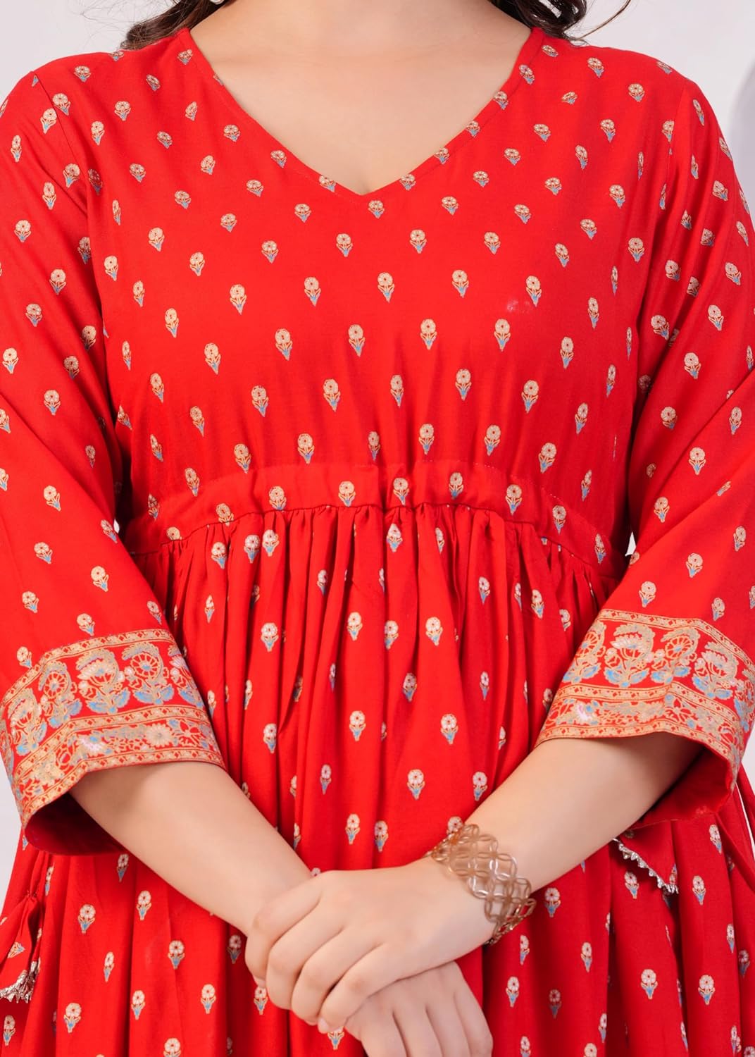 DIGITAL SHOPEE Gold Printed Rayon Ethnic Gown (Red)