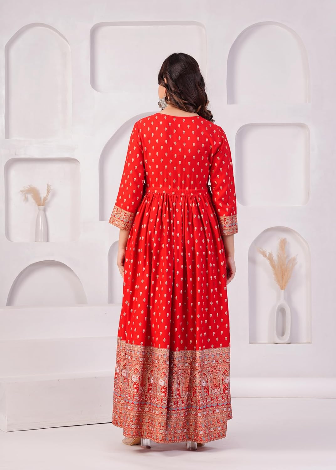 DIGITAL SHOPEE Gold Printed Rayon Ethnic Gown (Red)