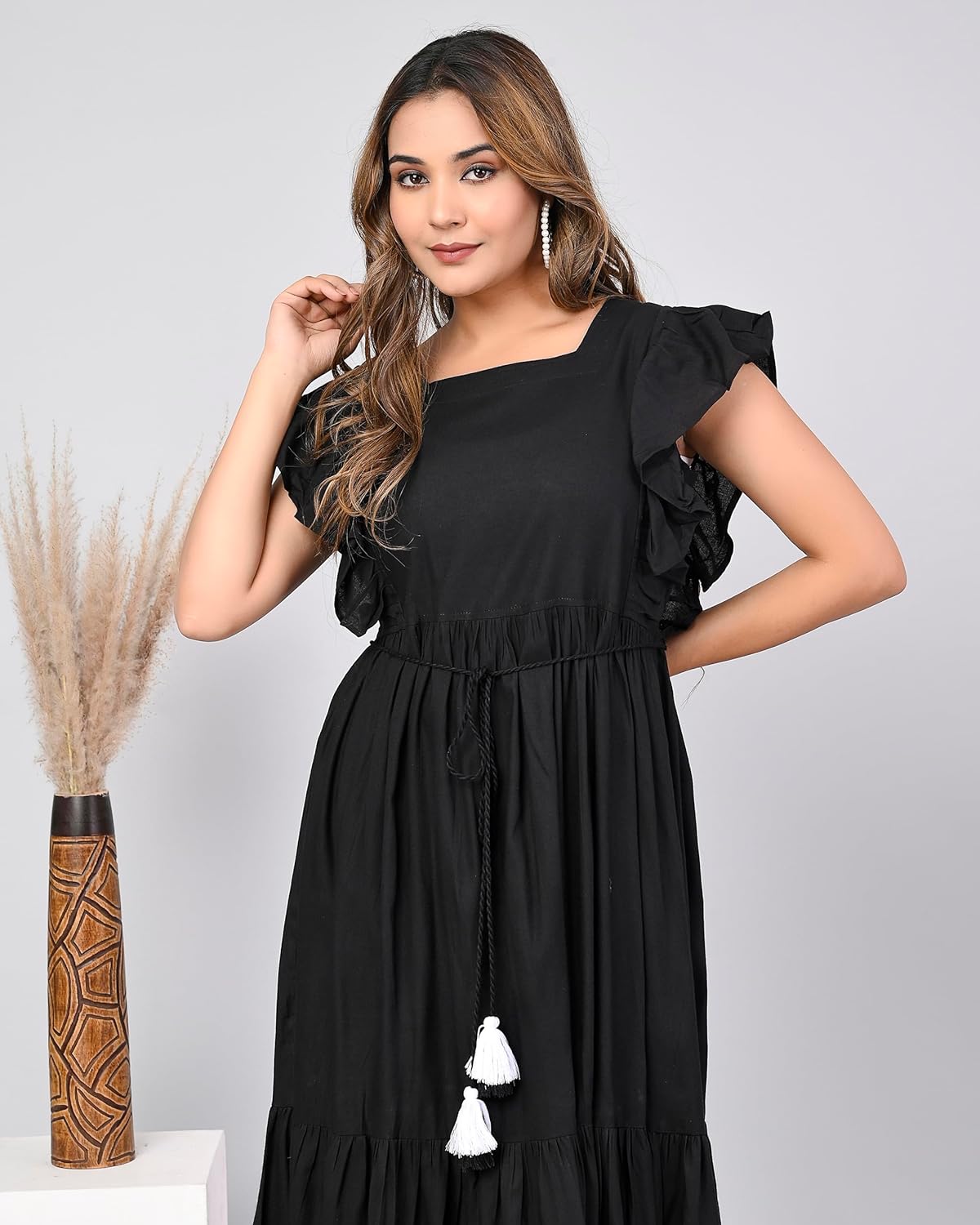 DIGITAL SHOPEE Western Dress for Women Viscose Rayon Solid Long Puff Sleeves Fit & Flared Dress for Women Square Neck One Piece Solid Pack of 1