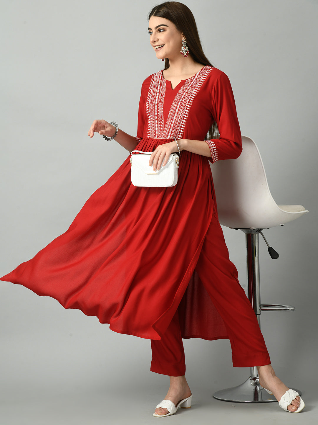 Red Long Straight Kurti with Exquisite Embroidery With Pant