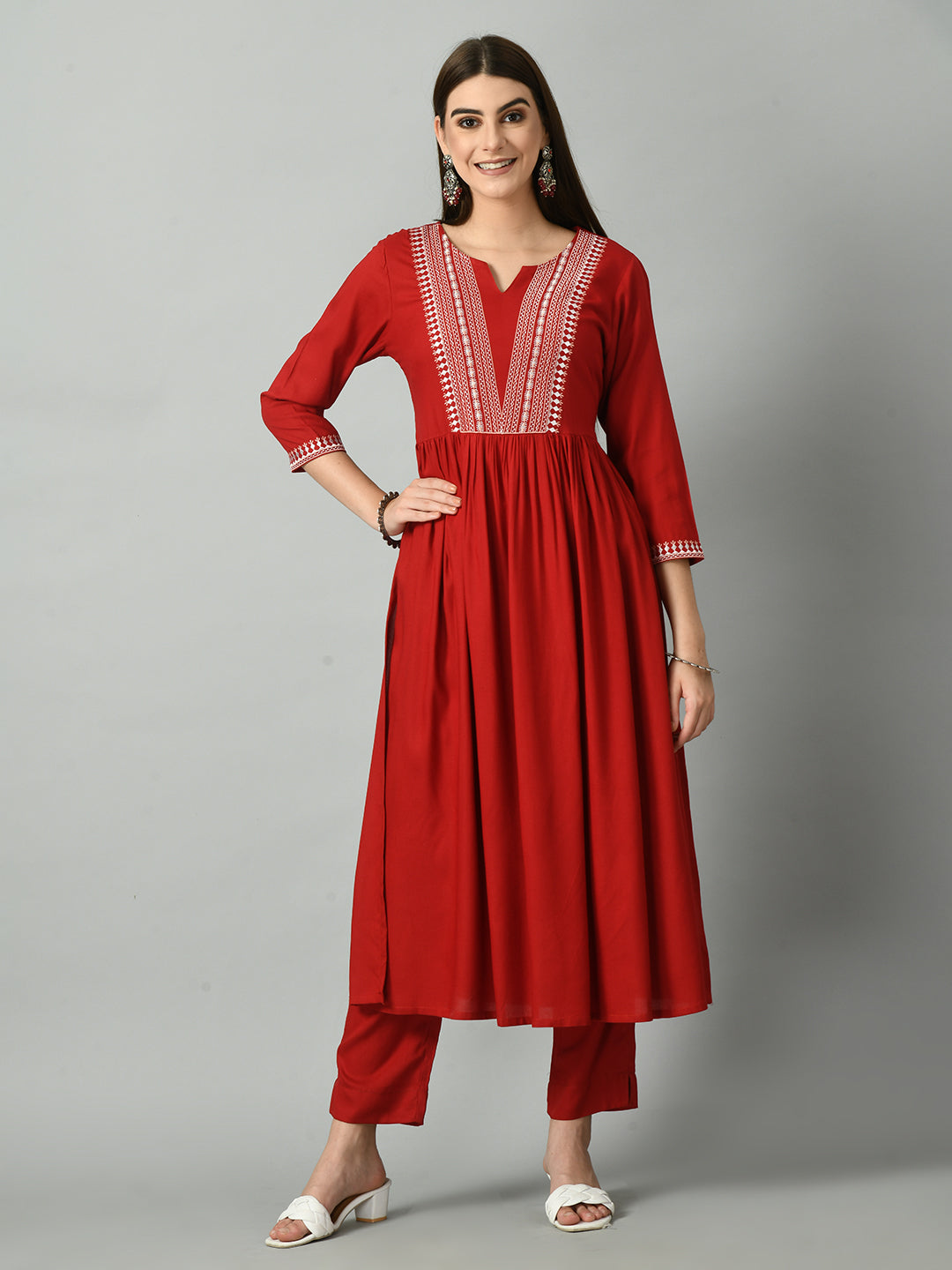 Red Long Straight Kurti with Exquisite Embroidery With Pant