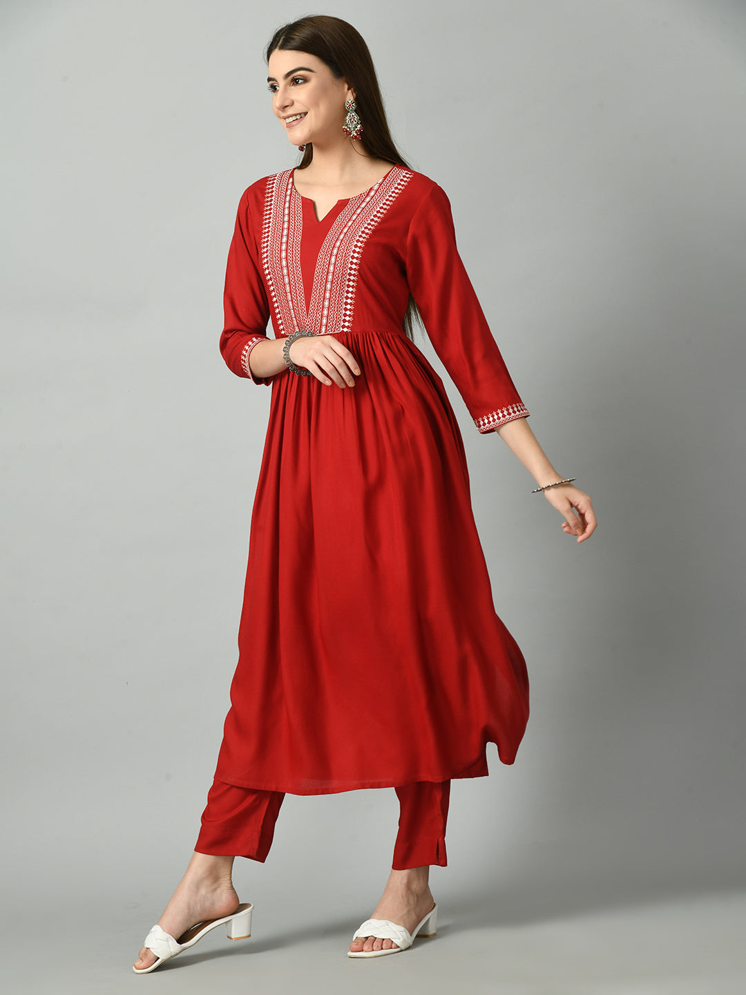 Red Long Straight Kurti with Exquisite Embroidery With Pant