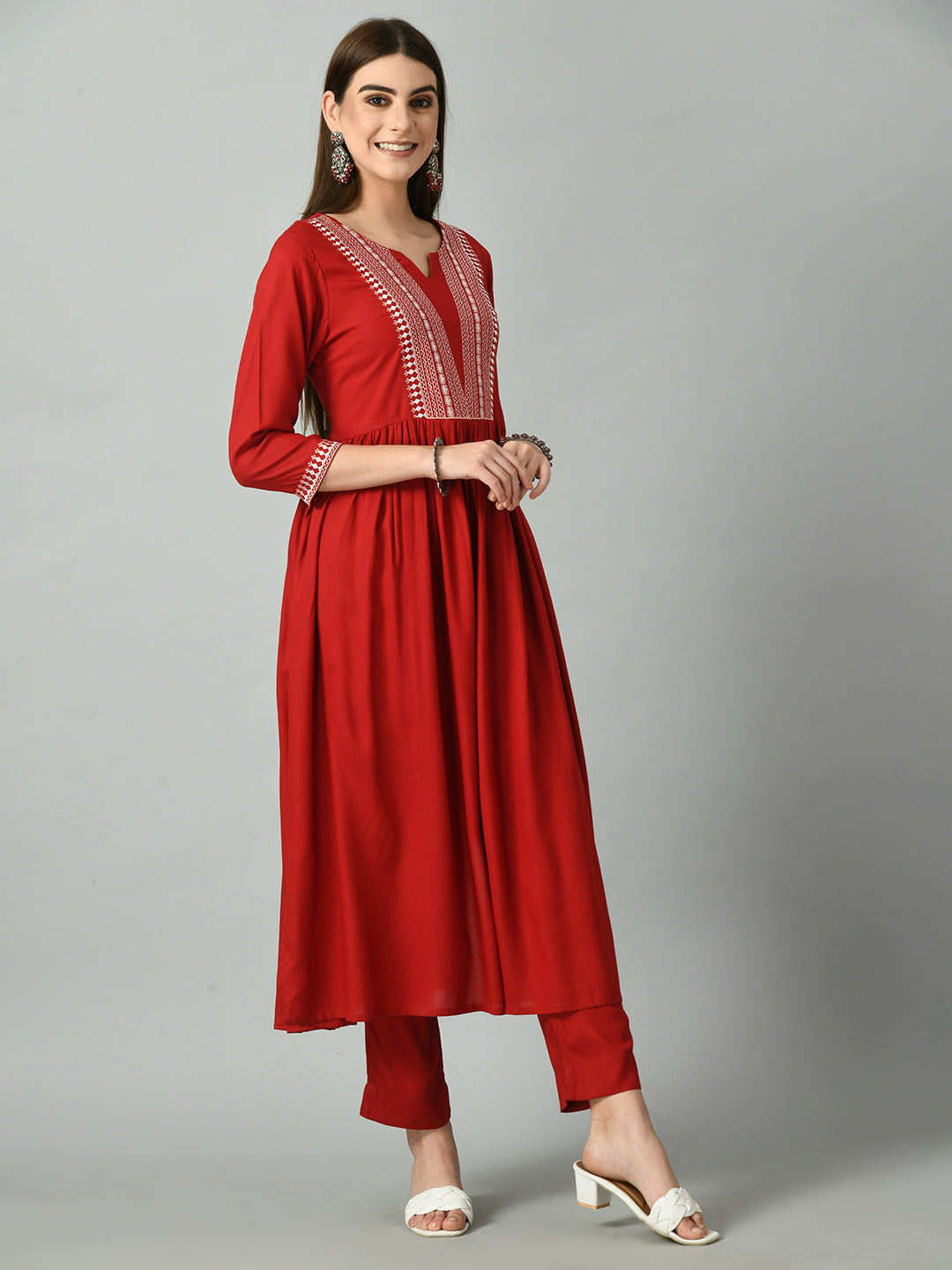 Red Long Straight Kurti with Exquisite Embroidery With Pant