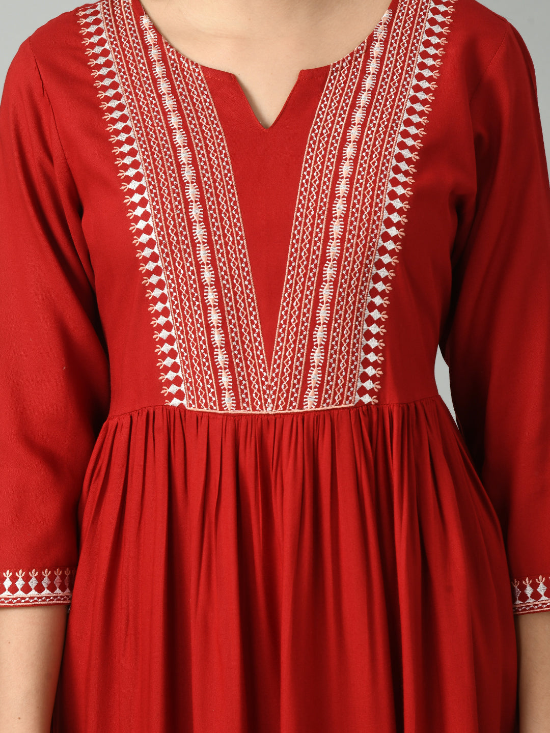 Red Long Straight Kurti with Exquisite Embroidery With Pant